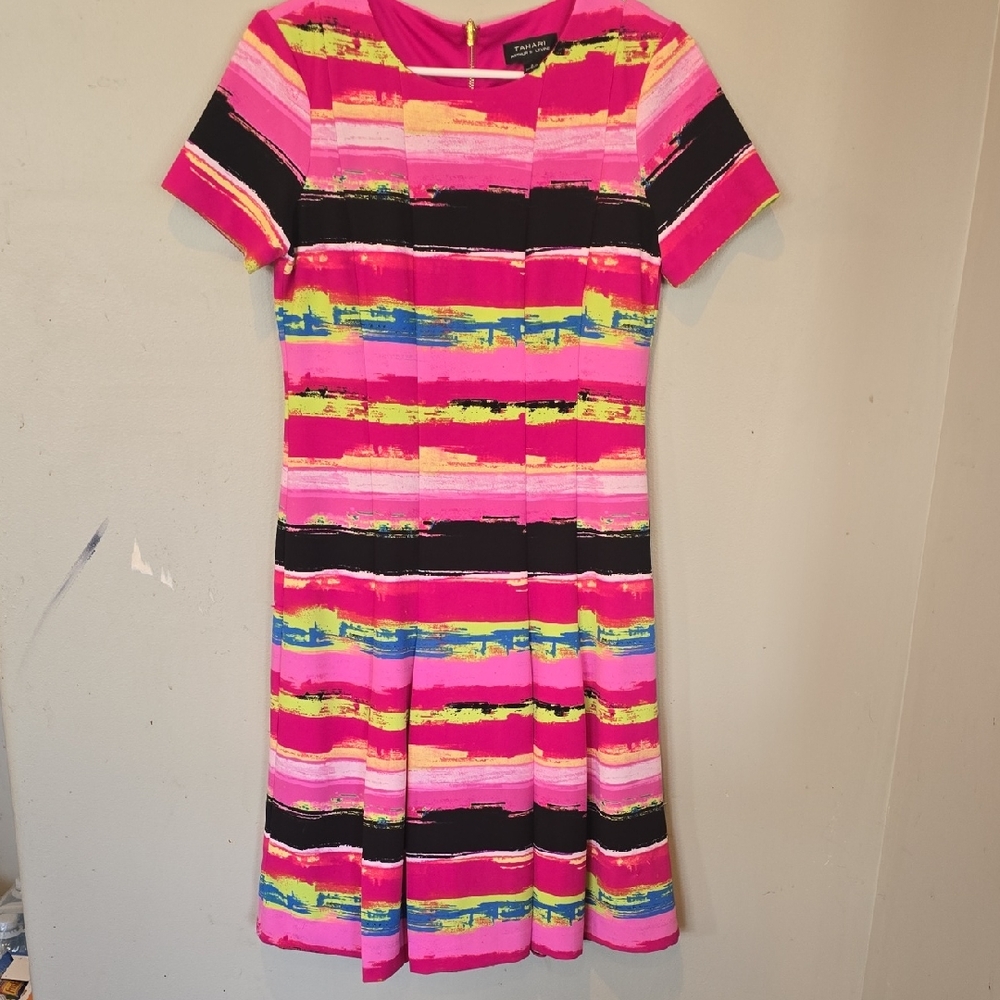 Tahari Arthur S Levine Colorful Striped Pleated Dress Size 2
